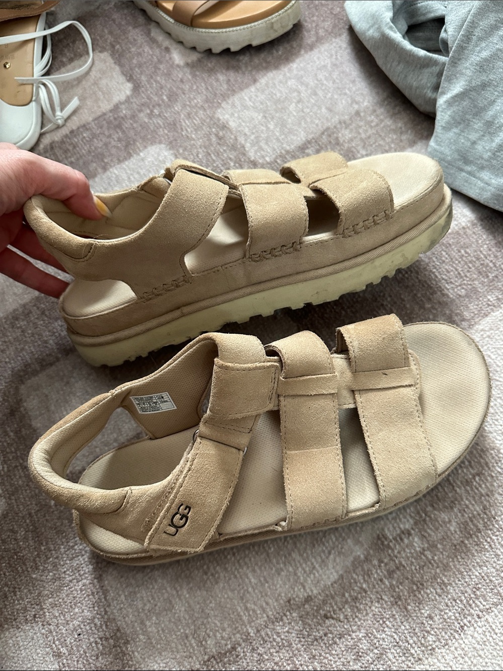 UGG Beige Suede Triple-Strap Velcro platform Sandals